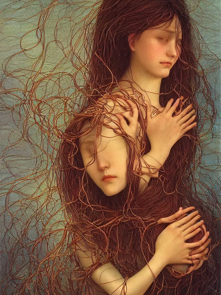 Prompt: portrait of a beautiful female android holding her heart in her hands and crying, there are wires coming from her heart, tangled and entwined with her long flowing hair, painting by James C. Christensen