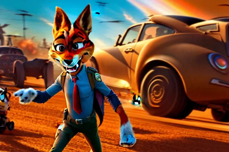 Image similar to nick wilde ( from zootopia ), heavily armed and armored facing down armageddon in a dark and gritty reboot from the makers of mad max : fury road