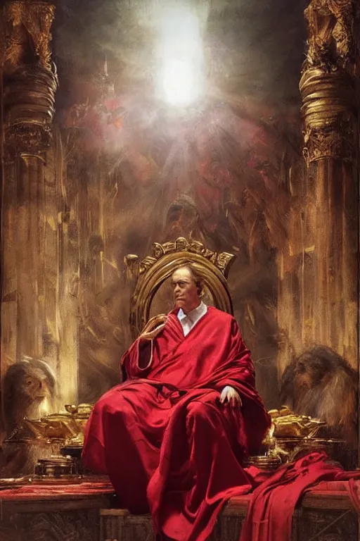 Image similar to beautiful oil painting, steve buscemi in royal crimson robes enthroned as the god emperor of ancient rome a golden wreath upon his head, by anders zorn, wonderful masterpiece by greg rutkowski, beautiful cinematic light, american romanticism, by thomas lawrence, greg rutkowski