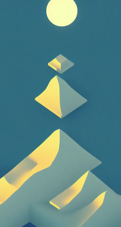 Image similar to geometric design minimalist isometric mountain with full moon behind the top, trending on artstation, cute digital art, monument valley