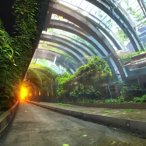 Prompt: overgrown futuristic sci - fi reisroute colombia medellin, orange dawn, hyperrealistic