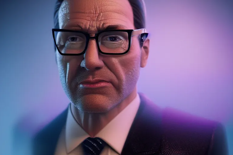 Image similar to an ultra realistic, cinematic headshot portrait of sleazy hollywood agent gary murdoch, sat in an office, smiling, soft light, dreamy, facial features, detailed, deep focus, vaporwave background, movie still, dramatic lighting, ray tracing, by michal karcz and yoshitaka