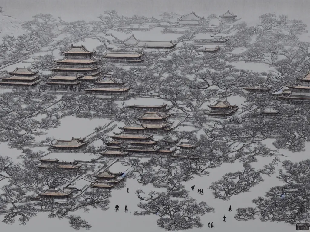 Prompt: forbidden city, highly detailed, cinematic landscape ， on a snowy day, ink painting, by xu beihong