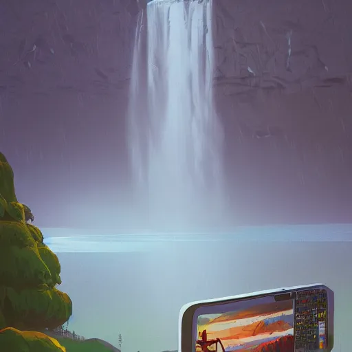 Prompt: landscape art of a waterfall in the shape of a giant printer in the style of Simon Stålenhag, digital art trending on Artstation
