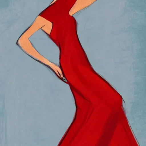 Image similar to an illustration of a french fashion model posing in a red dress inspired by coby whitmore