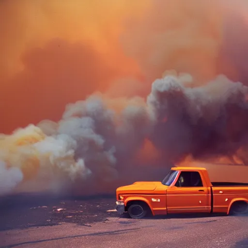 Prompt: 1972 orange and white Chevrolet C10 pickup fleeing a wildfire, Cinestill 800T