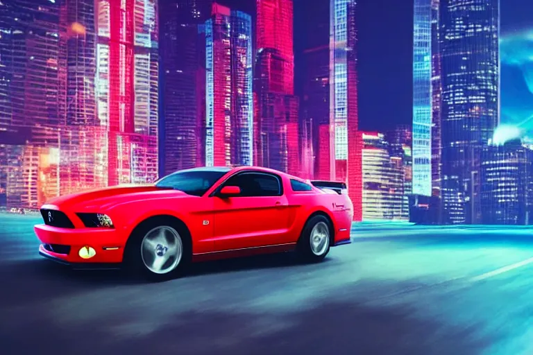 Image similar to red Ford Mustang in the city with blue lighting, synthwave, background lit, high quality