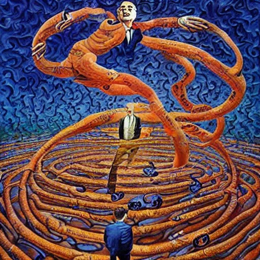 Prompt: benjamin netanyahu swirling into madness, abstract painting, by michael cheval and salvador dali and wayne barlowe