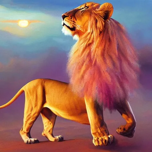 Image similar to twin flame lioness and lion art pink sunset hue highly detailed oil painting hue by craig mullins