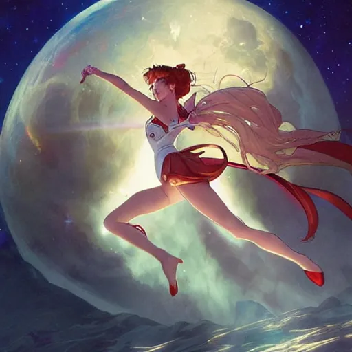 Image similar to Sailor Moon jumping accross the Moon, nature unity, planets align, clear sky high detail, high detail face, art by artgerm and greg rutkowski and alphonse mucha