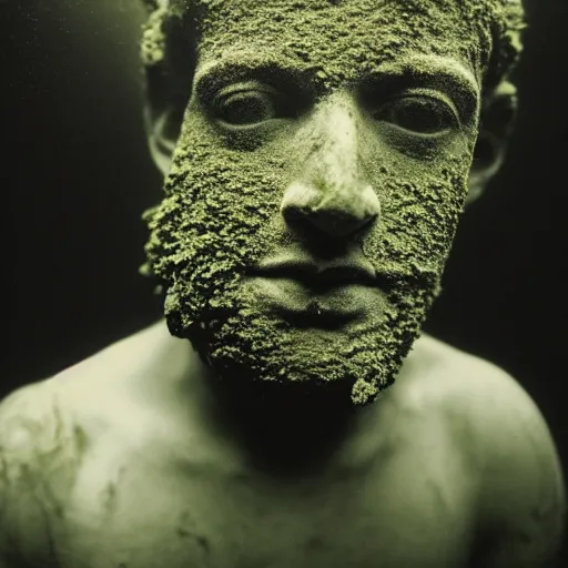 Image similar to Award-winning photograph by Paul Strand. The photo depicts a decaying roman bust of Mark Zuckerberg overgrown with moss at the bottom of the sea in the middle of ruins of civilization. Ruins. Minimalism, high definition, perfect composition. Deep sea picture. Very dark. Volumetric Lighting. Fish. Darkness. Ruins