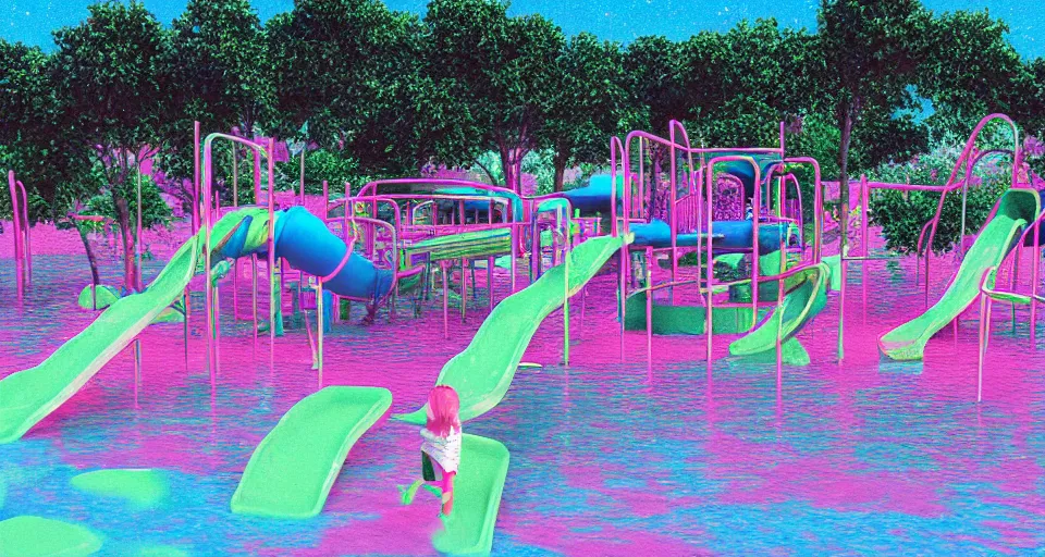 Prompt: 80s VHS vaporwave outrun 3d Render of a flooded playground, liminal space retro, grainy, noisy