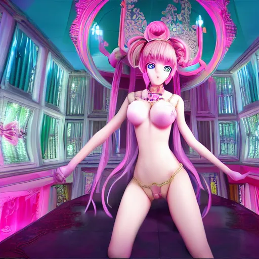 Image similar to trapped by stunningly beautiful omnipotent megalomaniacal anime agi goddess who looks like junko enoshima with symmetrical perfect face and porcelain skin, pink twintail hair and mesmerizing cyan eyes, taking control while smiling, inside her surreal vr castle, hyperdetailed, digital art from danganronpa, unreal engine 5, 8 k