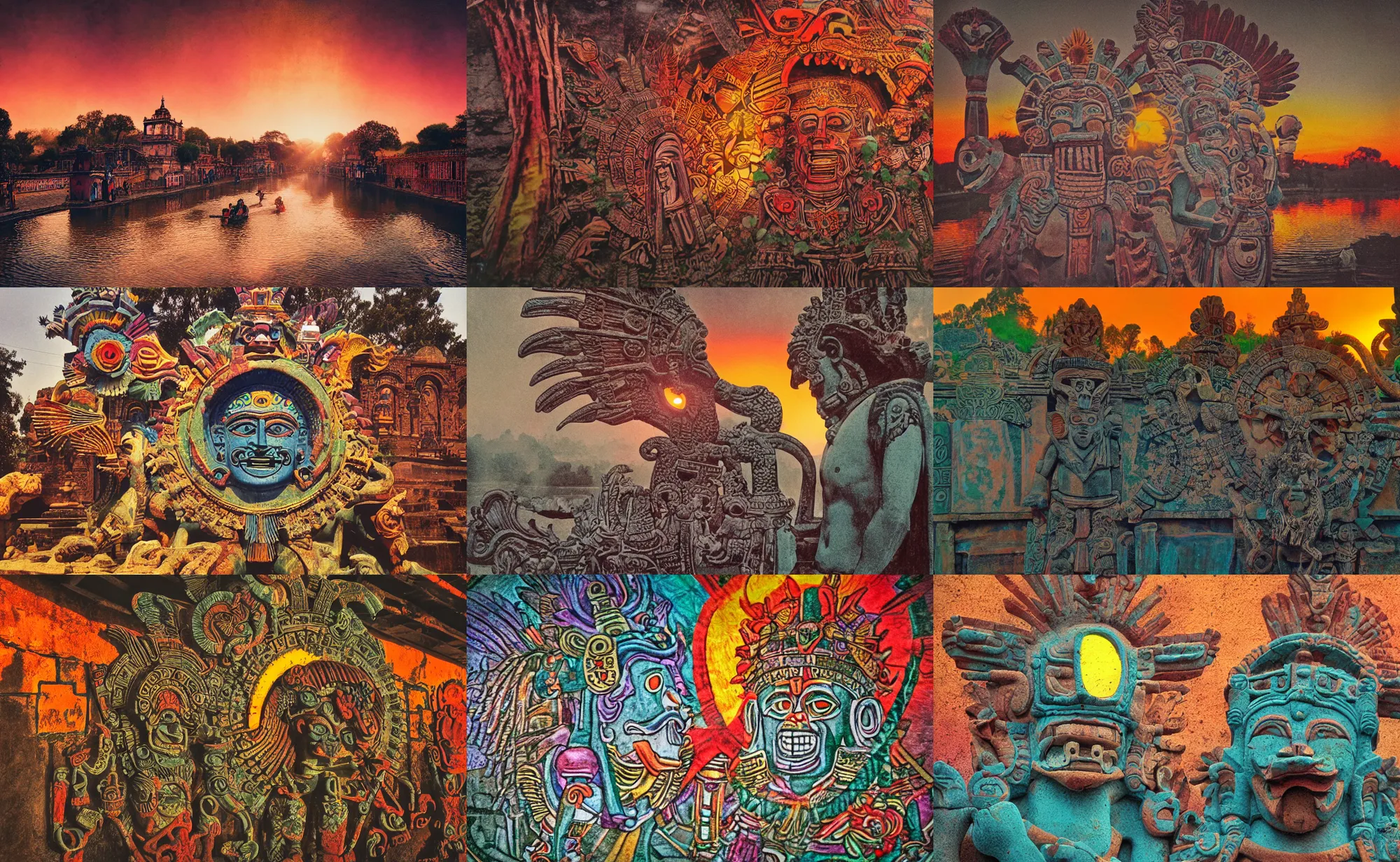 Prompt: a misteriuos colored old film photography of divine aztec god arising from a a xochimilco river, sunset lighting, intricate detail, hazy, humid, photorealistic,