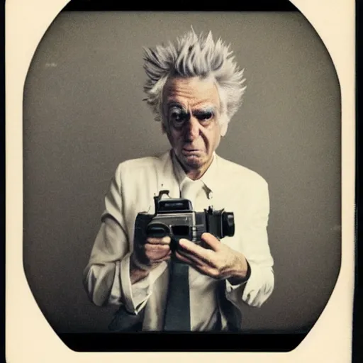 Image similar to old polaroid of a realistic rick sanchez holding his portal gun