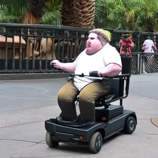 Image similar to morbidly obese rat riding a mobility scooter at disneyworld, photo