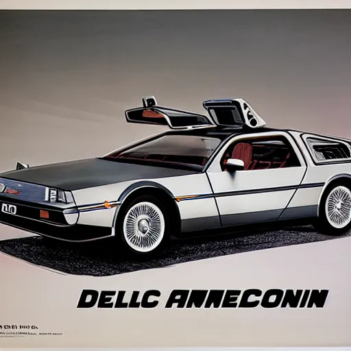 Image similar to 1955 DeLorean as designed by Ford concept by Syd Mead, catalog print