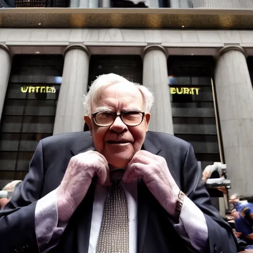 Image similar to warren buffet as thanos standing outside wall street stock exchange, reality, realistic, detailed, 8 k, award winning, wide shot,