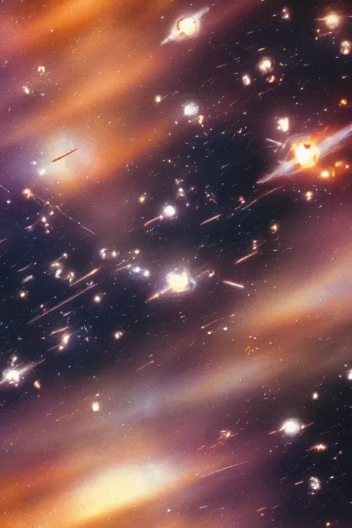 Prompt: hubble photograph of a space marine carrier fleet exiting hyperspace, subdued and unremarkable image