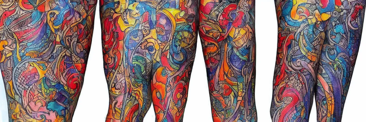 Prompt: intricate colorful tattoos design pattern for legs, by yakuzas, art on a canvas