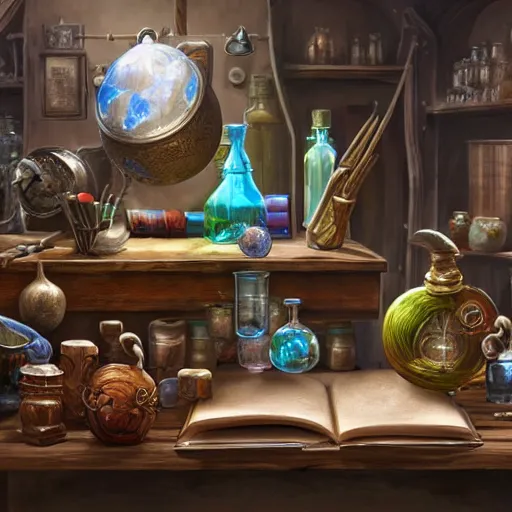 Prompt: hyper real, table, ancient map, wizards laboratory, tony sart, mortar, pestle, scales, energy flowing, magic book, beakers of colored liquid