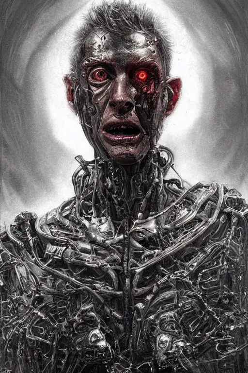 Image similar to realistic portrait beautiful concept art of home alone 2 movie scene when kevin mutate into cyborg. horror, created by gustave dore and greg rutkowski, high detailed, smooth draw, synthwave neon retro, intricate, trending on artstation.