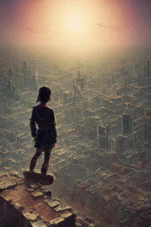 Prompt: A small person standing before a michanical city by Greg Rutkowski, beeple, Sung Choi, Mitchell Mohrhauser, Maciej Kuciara, Johnson Ting, Maxim Verehin, Peter Konig, final fantasy, macro lens, 35mm, 8k photorealistic, cinematic lighting, HD, high details, dramatic, dark atmosphere, trending on artstation