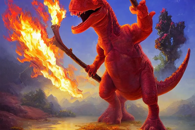 Prompt: barney the dinosaur holding a fire axe, an oil painting by ross tran and thomas kincade