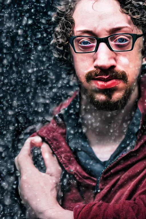 Prompt: portrait of Sam Hyde, close-up, sigma male, rule of thirds, award winning photo, highly detailed features, raining, ethereal lighting, nft backdrop, in the style of Ayami Kojima