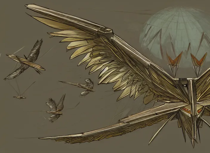 Image similar to concept art of an angelic modern ornithopter jet plane with ornate bird - like wings with art deco patterns flying over an outpost in an elven forest, solarpunk, high fantasy art, art book