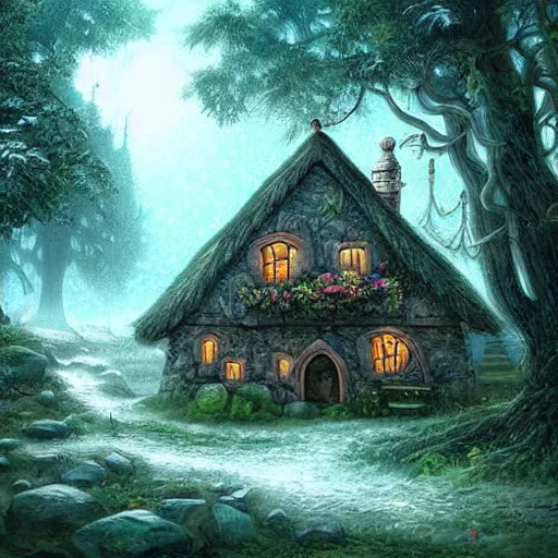 Prompt: a cottage in the woods, fantasy art, detailed, cinematic