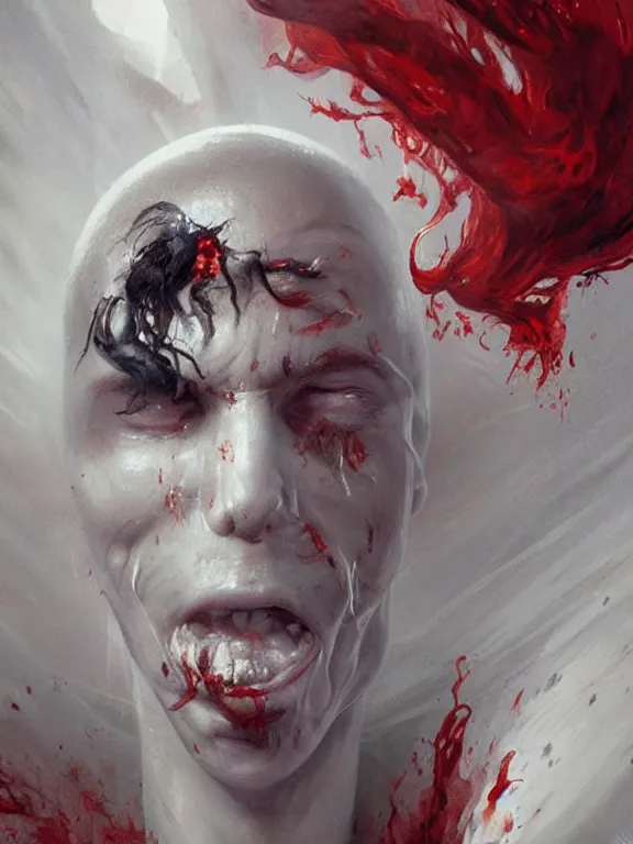 Image similar to painting by greg rutkowski of a flying sorrowful looking human head with tears running down it's eyes, face that is chalk white in color, with long sprawling white tentacles stemming down it's neck, fiery scorching red eyes, flying in a terrying hellish dark cavernous place