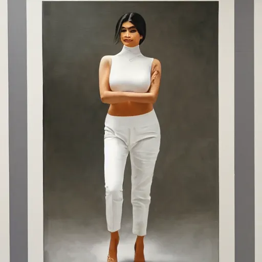 Prompt: a detailed photo of full body kylie jenner standing in a white professional studio by anders zorn, tan skin highly detailed full body