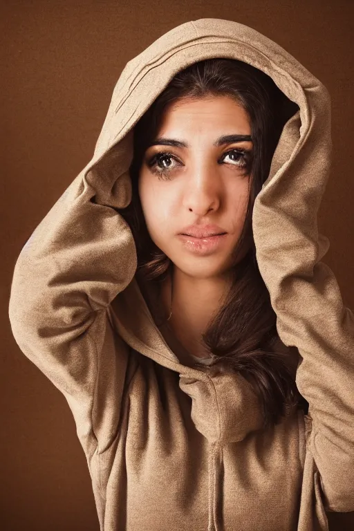 Image similar to short brown hair Arab Spanish shy young woman in a beige hoodie, Diwani calligrapher using bamboo pen, cinematic lighting, hyper-detailed realistic, rule of thirds, photograph