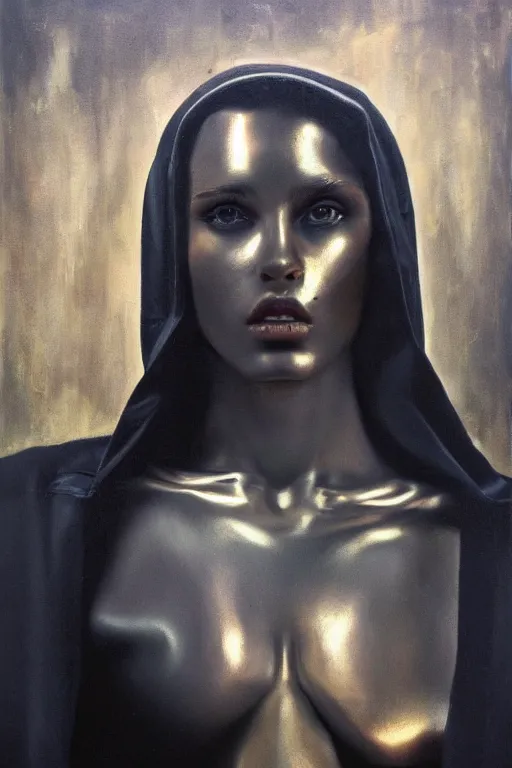 Prompt: hyperrealism oil painting, close - up portrait, fashion model in front and melting cyborg in distance, black robe, complete darkness, in style of classicism mixed with 8 0 s sci - fi hyperrealism