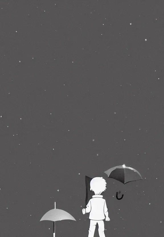 Image similar to little boy standing, holding umbrella, at night, full moon, cute anime style, black and white artwork, minimalist background