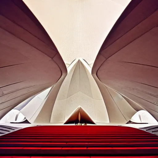 Prompt: interior of a futuristic lotus temple with gold, red and white marble panels, in the desert, by buckminster fuller, intricate contemporary architecture, photo journalism, photography, cinematic, national geographic photoshoot