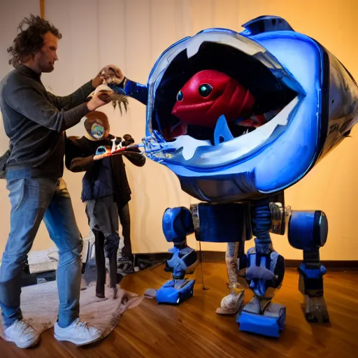 Image similar to giant robot anglerfish with a human puppet as a lure