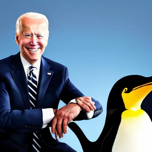 Image similar to A professional photo of Joe Biden riding a penguin, studio lighting, dramatic, highly detailed, beautiful, cinematic