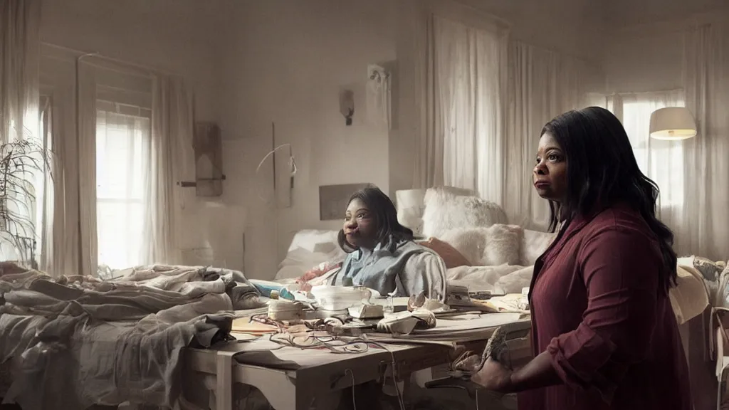 Image similar to stunning screenshot of Octavia Spencer alone in her studio apartment, moody, sad scene from the movie PT Anderson, she is plugged into the virtual world at night, art house, award winning film, portrait, 3D rendered lighting, stunning cinematography by Hoyte van Hoytema