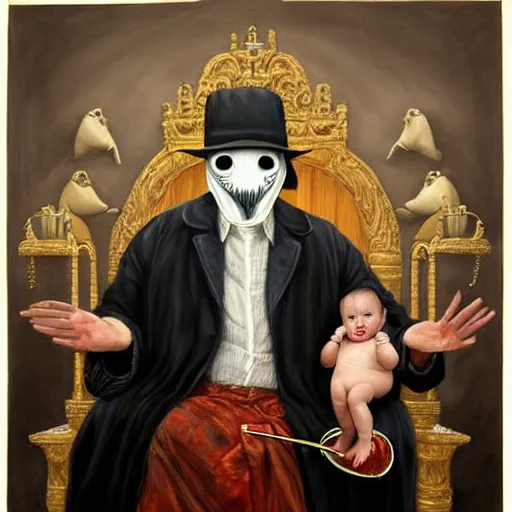 Image similar to hyper realistic painting of a handsome man symmetrical, sitting in a gilded throne, tubes coming out of the man's arm, getting a blood transfusion from a baby. plague doctor in the background created by wes andersson
