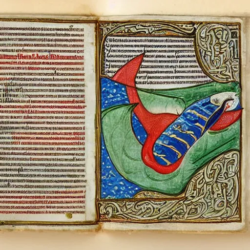 Image similar to medieval illuminated manuscript bible page depicting jonah in the belly of the whale