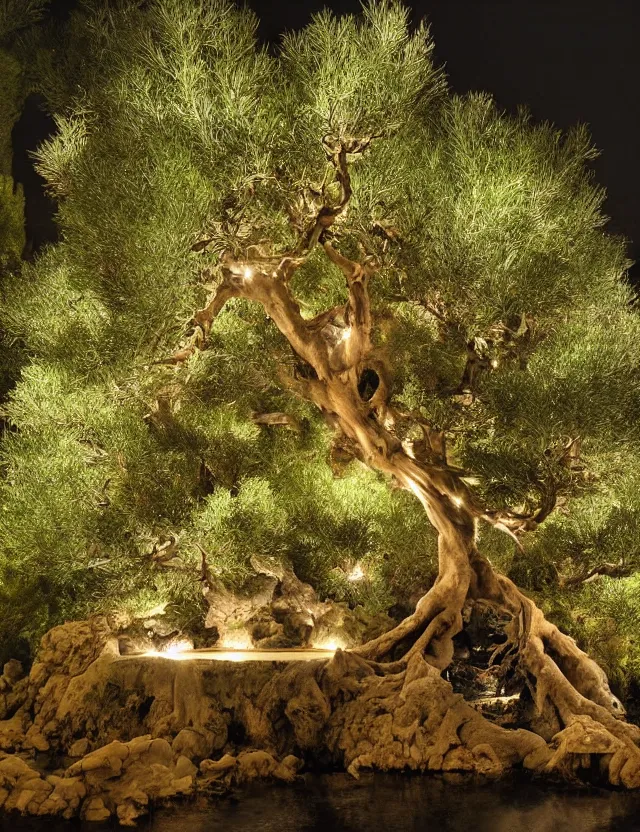 Prompt: a photo of a bonsai shaped epic ancient olive tree glowing lights in the branches with buttressed roots rising above a cairn with waterfalls and rivulets of water running down into an underground lake at dawn by james jean by pascal blanche, at dawn, volumetric light, spirals, recursion