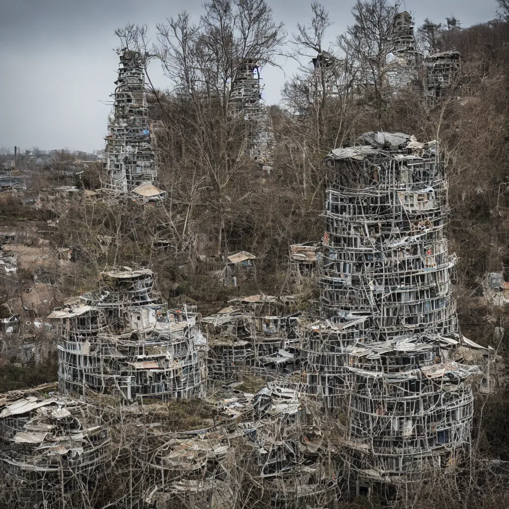 Image similar to a circular tower, made up of makeshift squatter shacks, dystopia, sony a 7 r 3, f 1 1, fully frontal view, ultra detailed, photographed by sugimoto hiroshi,