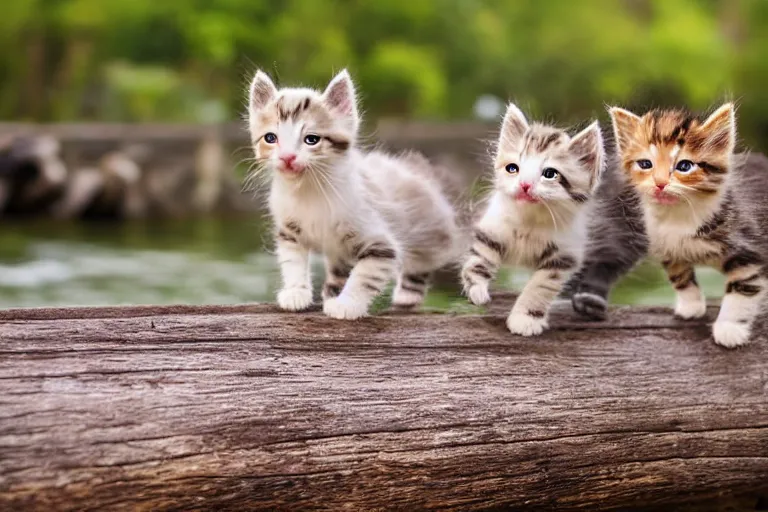 Image similar to kittens walking on a log bridge crossing a river