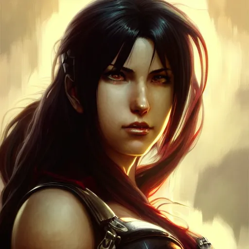 Image similar to an epic fantasy comic book style portrait painting of tifa, d & d, fantasy, intricate, elegant, digital painting, artstation, concept art, extremely detailed, matte, sharp focus, illustration, art by artgerm and greg rutkowski and alphonse mucha