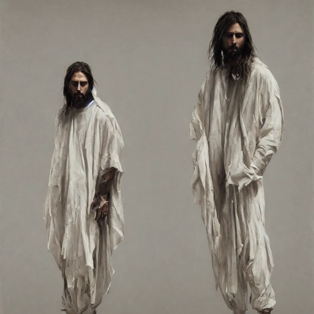 Image similar to a full body lookbook portrait of modern - day jesus wearing cream yeezy and fear of god menswear collection by nicola samori, detailed, oil painting, hyper - realistic, 8 k, yeezy collection