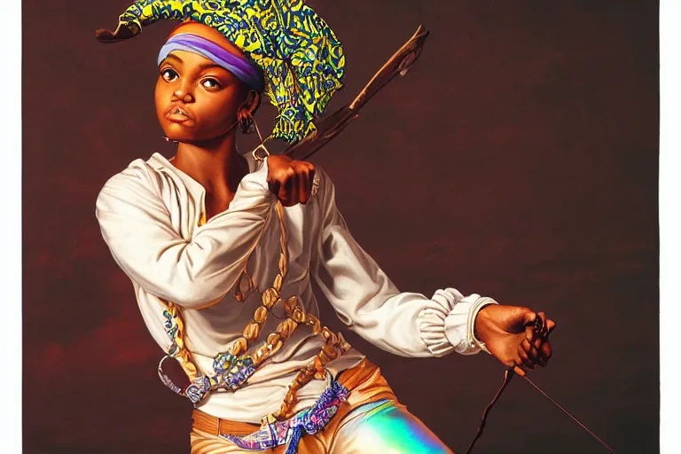 Image similar to a girl pirate with iridescent skin by kehinde wiley