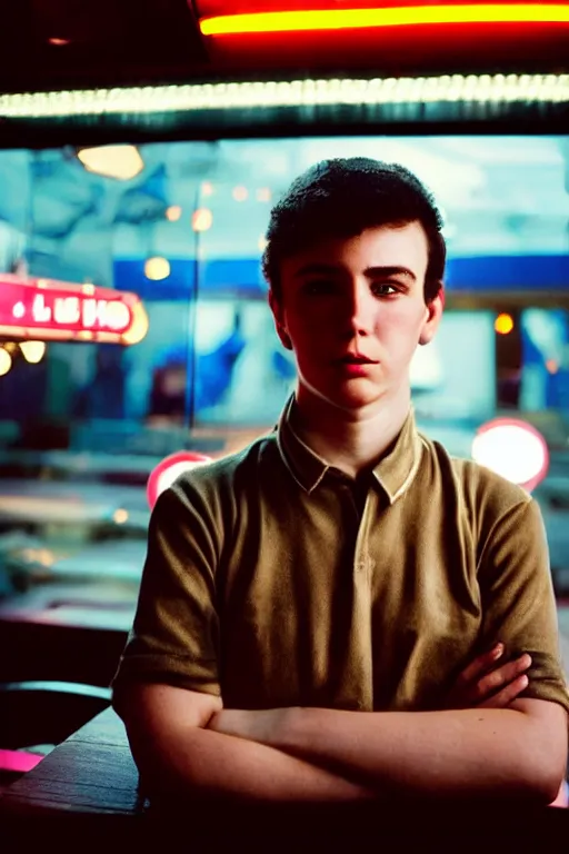 Prompt: an ultra high definition telephoto portrait cyberpunk 7 0 s diner film set photograph of a young man with short messy brown hair triangle head puffy cheeks narrow chin high cheek bones confused expression. wide angle close up. three point lighting. volumetric. refraction. imagined detail. soft focus ambient light sources. haze, light glare, art directed. filmic.