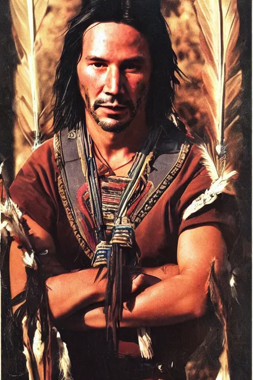 Image similar to Photo of Native American indian man Keanu Reeves, portrait, skilled warrior of the Apache, ancient, realistic, detailed, Keanu Reeves